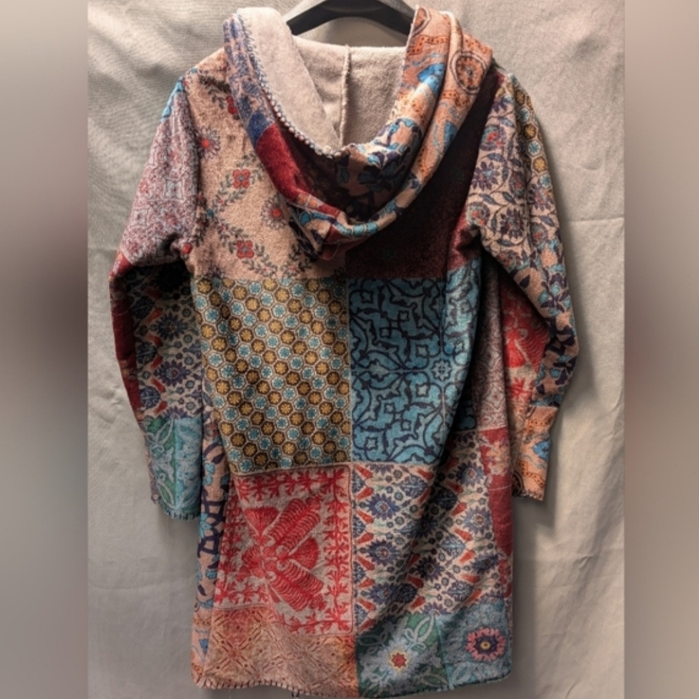 JOHNNY WAS 😍Multicolor Patchwork Hooded Cardigan Coat Kimono Sweater Size S - Picture 7 of 12